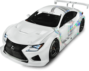 白色Lexus賽車，帶有彩虹圖案和黑色輪圈，背景為黑色。