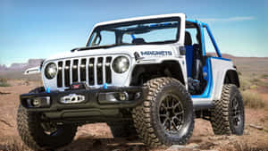 白色和藍色的定制Jeep Wrangler在日落時停放在沙漠岩石上。 — 吉普 壁紙
