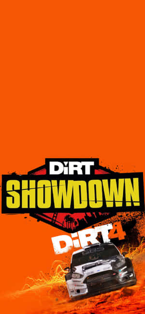 白色拉力賽車在橙色沙漠上飛馳，帶有DiRT Showdown標誌。 — iPhone 18 Pro 壁紙