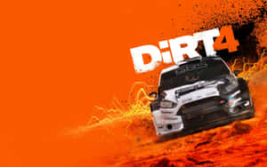 白色拉力賽車在熾熱的橙色地形上飛馳，帶有電火花和Dirt 4標誌。 — 電玩遊戲 GIF 壁紙