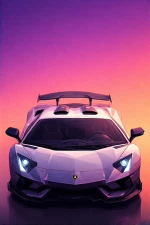 白色藍寶堅尼 Aventador SVJ 車頭燈發光，襯托紫色橙色日落天空。 — iPhone 4 壁紙