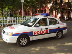 警車日間停泊在樹蔭的市區街道上。 — 警察 GIF 壁紙