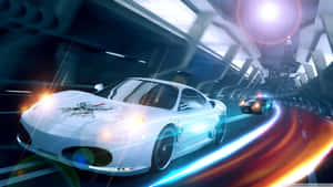 白色跑車在霓虹隧道中疾馳，警車緊追在後。 — 跑車 壁紙