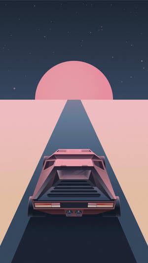 夜晚粉紅色太陽下道路上的粉紅色復古車。 — 高清汽車 壁紙