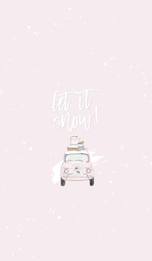 粉紅色復古車頂上載著行李，在雪中行駛，帶有「let it snow」文字。 — Tecno Megapad 壁紙