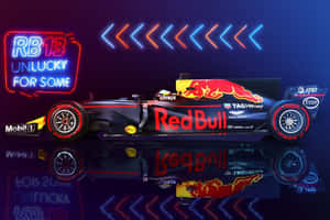 紅牛RB13賽車在霓虹燈下，光澤地板上反射。 — 馬克斯·維斯塔潘 壁紙