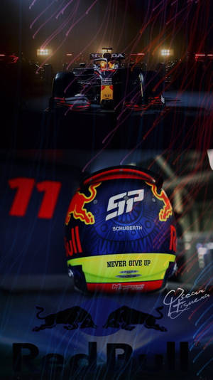 紅牛F1賽車和帶有「Never Give Up」標語的頭盔，在夜間霓虹燈下。 — 白色法拉利 壁紙