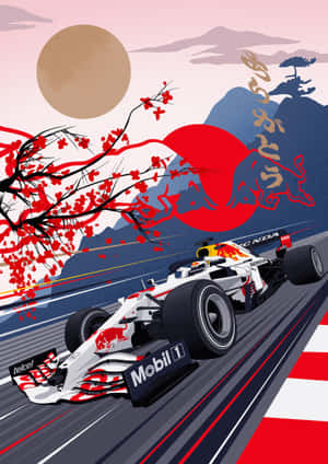 紅牛F1賽車在賽道上飛馳，背景有櫻花和日本山脈。 — Vivo Pad5 壁紙