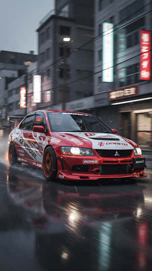 夜晚霓虹燈下，紅白色三菱Lancer Evolution在濕滑的城市街道上飄移。 — 極高畫質 壁紙
