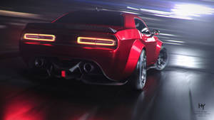 紅色Dodge Challenger Demon在夜間高速行駛，帶有發光的尾燈和動態模糊。 — 達斯維德 4K 壁紙
