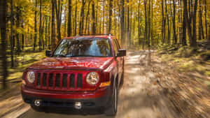 紅色Jeep Patriot在秋季的森林道路上快速行駛。 — 吉普 壁紙