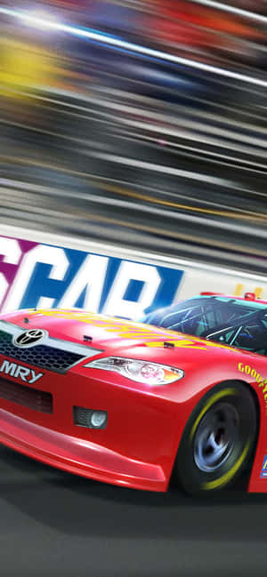 紅色NASCAR賽車在賽道上奔馳，背景模糊。 — Pixel 6 Pro 壁紙