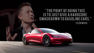 Elon Musk在一輛紅色Tesla Roadster旁比手勢，並附有關於電動車的引言。 — 伊隆·馬斯克 GIF 壁紙