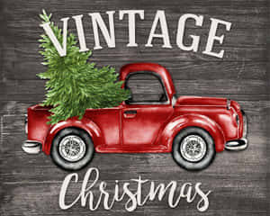 紅色復古卡車在木牌上載著聖誕樹。 — 5:4 壁紙