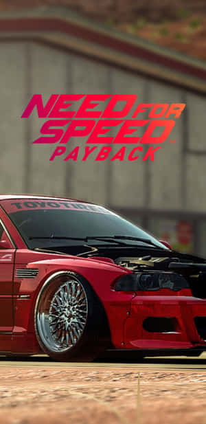 紅色賽車，引擎蓋打開，建築物上有『Need for Speed Payback』標誌。 — Galaxy S10 壁紙