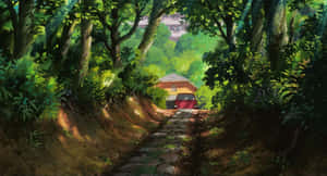 森林小徑上駛向房屋的紅色汽車 — 亞莉亞蒂 壁紙