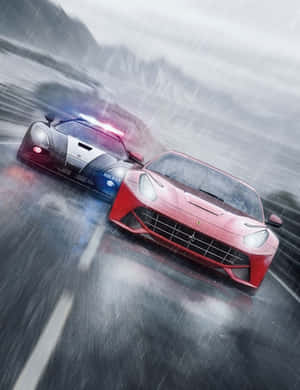 紅色法拉利與警車並排，在暴雨中的山路疾馳。 — 電玩遊戲 GIF 壁紙