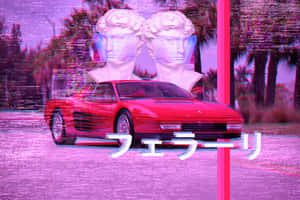紅色法拉利，漂浮半身像和故障效果，紫色天空下。 — 洛米安傳奇 壁紙