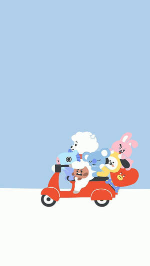 可愛卡通動物在藍白背景前騎著紅色滑板車。 — 廚奇 BT21 壁紙