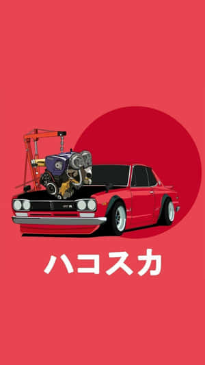紅色經典汽車，引擎蓋上裝有超大引擎，背景為紅色，帶有日文字元。 — 美學粉色GIF 壁紙