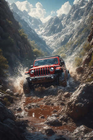 紅色Jeep在岩石峭壁和晴朗天空的山峽中行駛於泥濘溪流 — 吉普 壁紙