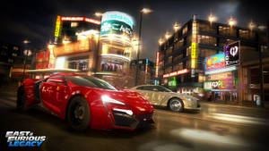 紅色跑車在夜晚穿梭於霓虹燈閃爍的東京街道。 — 玩命關頭 壁紙