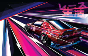 紅色跑車在霓虹燈照亮的夜間賽道上奔馳，帶有日文字。 — 彩虹美學 壁紙