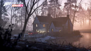 紅色汽車在黎明時分駛過積雪的小屋，窗戶發光。 — 電玩遊戲 GIF 壁紙