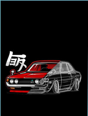 紅黑相間的經典JDM跑車插圖，採用線框設計。 — JDM風格 壁紙