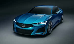 藍色跑車在黑暗的攝影棚環境中，車頭燈發光。 — Acura 壁紙