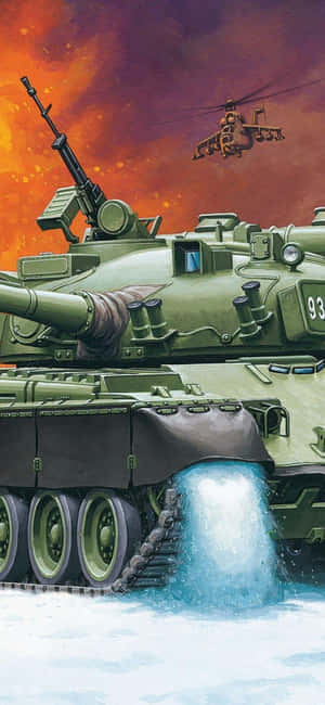 綠色軍用坦克在雪中發射水柱，直升機在上空飛過。 — Pixel 9 Pro XL 壁紙
