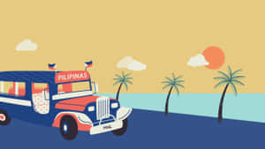 一輛紅藍相間的吉普尼，上面有「PILIPINAS」字樣，在日落時分靠近棕櫚樹行駛。 — 乾淨 壁紙