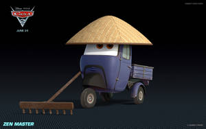 藍色動畫車戴著草帽和拿著耙子，標示為 Zen Master。 — 迪士尼汽車總動員 壁紙