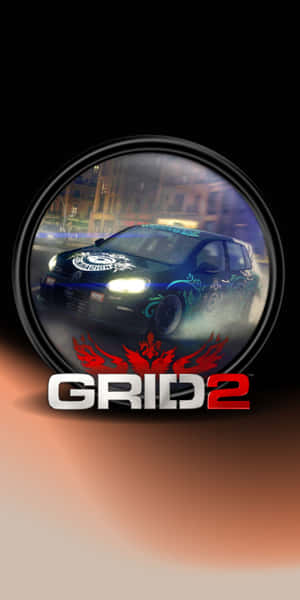 一輛藍色賽車在夜間穿過城市，位於圓形框架內，帶有「GRID 2」標誌。 — 電玩遊戲 GIF 壁紙