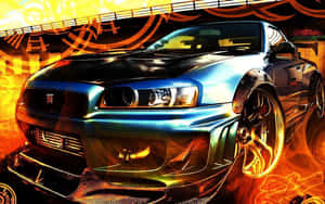 藍色跑車配火焰和塗鴉背景 — 日產 Skyline GTR R34 壁紙