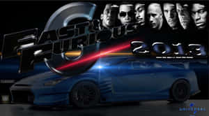 藍色跑車，帶有Furious 7演員和標題文字，在黑暗的電影場景中。 — 玩命關頭 壁紙