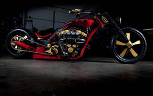 昏暗車庫中的訂製紅金色chopper機車。 — 巴布風機車 壁紙
