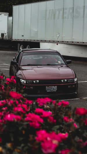 酒紅色跑車停在卡車附近，前景有粉紅色花朵。 — 日產 壁紙