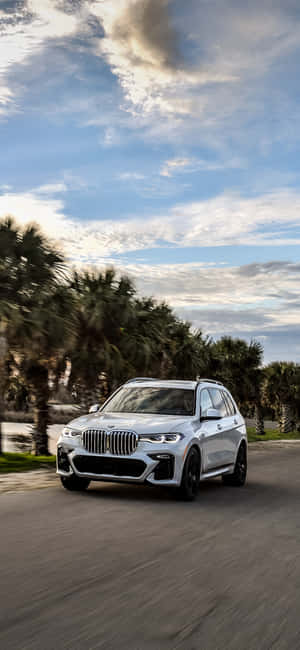 銀色BMW SUV在多雲天空下行駛在棕櫚樹成蔭的道路上。 — Xiaomi 14 Ultra 壁紙