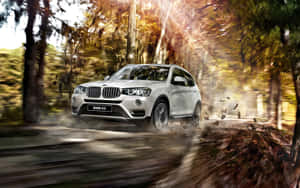 銀色BMW X3 SUV在落葉紛飛的秋林中高速行駛。 — Steam Deck OLED 壁紙