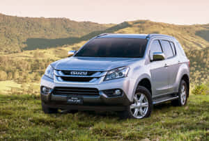 銀色Isuzu MUX SUV停放在草地丘陵上，周圍是起伏的綠色地形。 — 卡車 壁紙