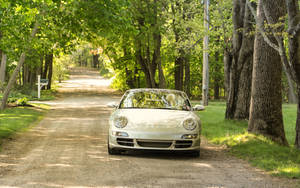 銀色保時捷 Boxster 停放在一條被高樹環繞的陰涼泥土路上。 — 好看汽車 壁紙