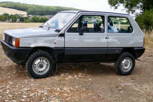 銀色和黑色的Fiat Panda 4x4停在碎石上，背後有綠色山丘和樹木。 — 可愛熊貓 壁紙