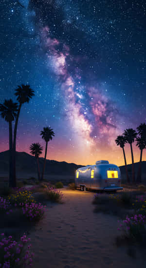 銀色露營車停在沙漠中，在星空和棕櫚樹下閃爍著窗戶的光芒 — 星星 壁紙