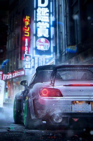 銀色跑車在雨中的霓虹燈照亮日本城市街道上疾馳。 — 電玩遊戲 GIF 壁紙