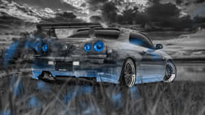 銀色日產Skyline R34，藍色燈光，停在暴風雲下的草地上。 — 超跑 壁紙