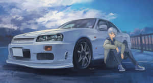 動漫男孩坐在銀色跑車旁邊，天空多雲，暮色蒼茫。 — 動漫汽車 壁紙