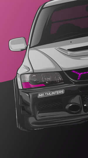銀色跑車，帶有紫色燈光和 'MILFHUNTERS' 徽章，背景為粉紅色。 — JDM風格 壁紙