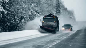 鏟雪車清理道路上的積雪，一輛汽車在冬季天氣中跟在後面。 — Studio Display 壁紙