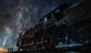 人們的剪影站在一輛復古蒸汽火車旁，背景是星空和彗星。 — Steam Deck 壁紙